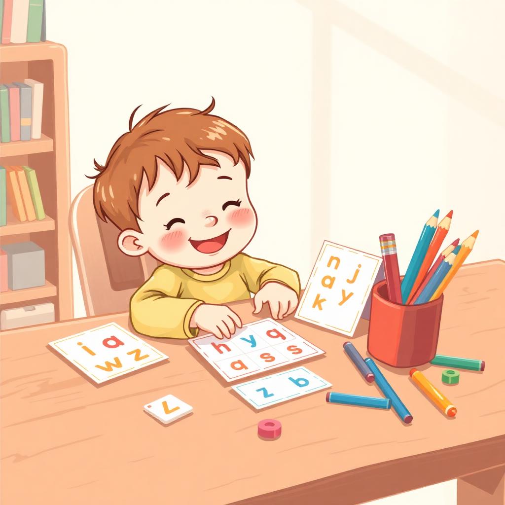 Happy child doing literacy activities with letter cards