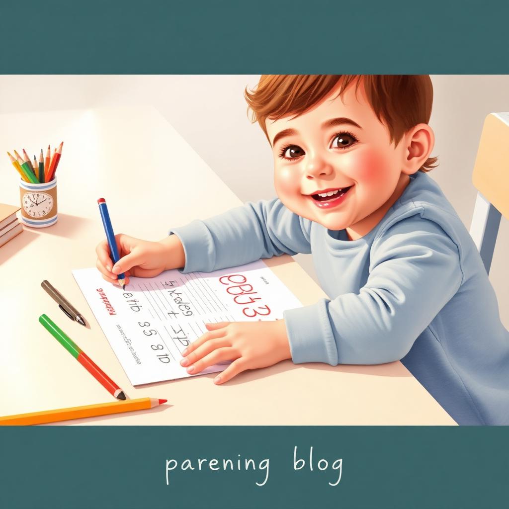 Smiling child practicing handwriting on a printable sheet