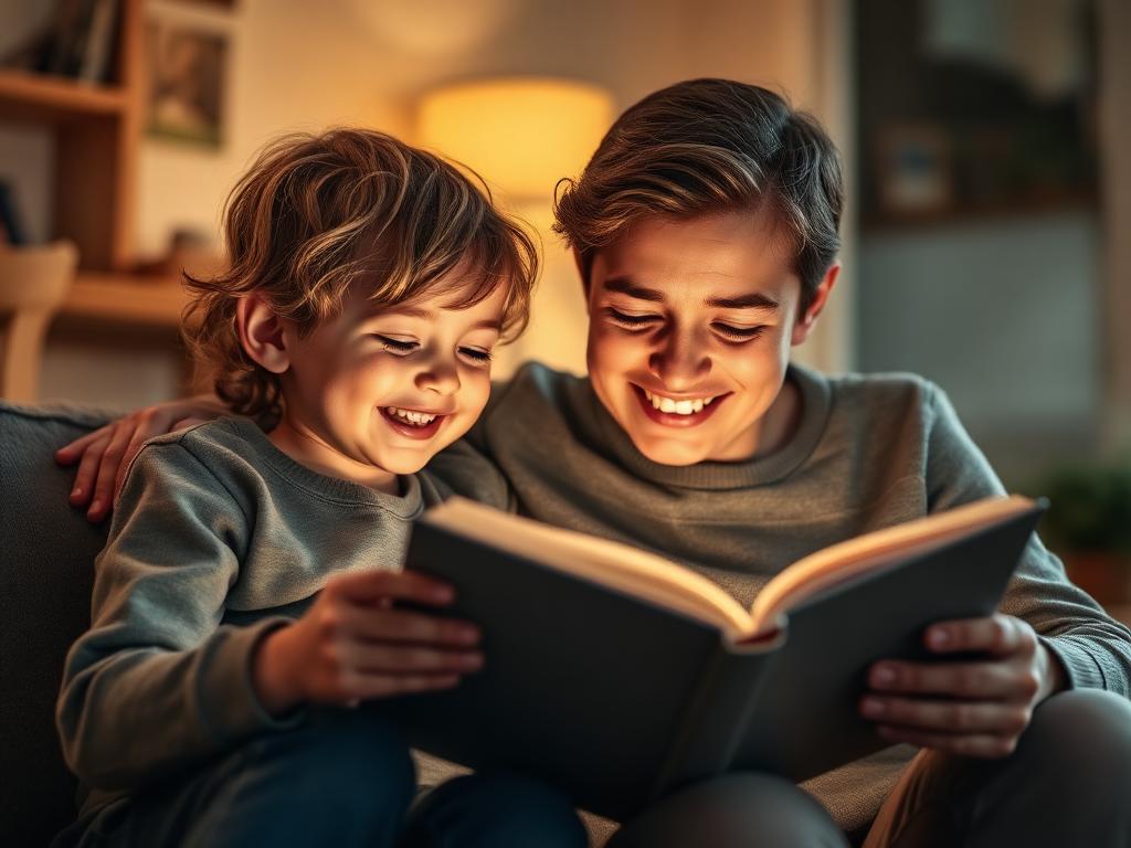 Pai e filho lendo um livro juntos em casa, momento de aprendizagem afetuosa