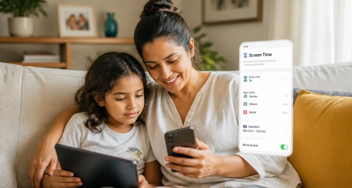 Pai e filho configurando juntos o controle parental em um tablet