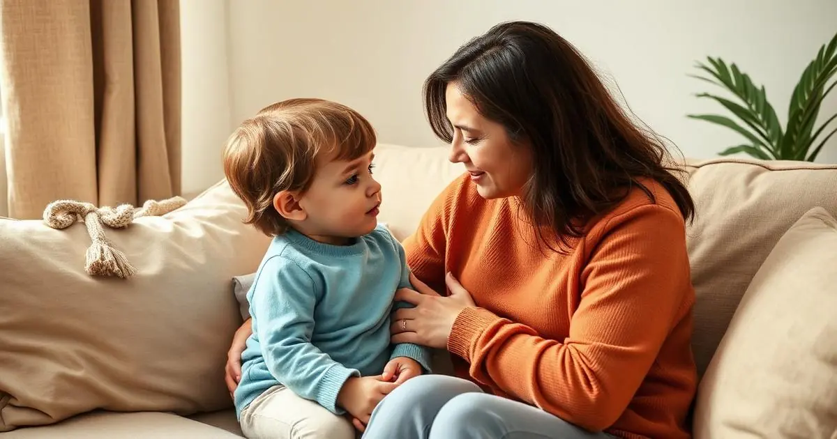 Mãe acolhendo criança pequena no colo, conversando na altura dos olhos