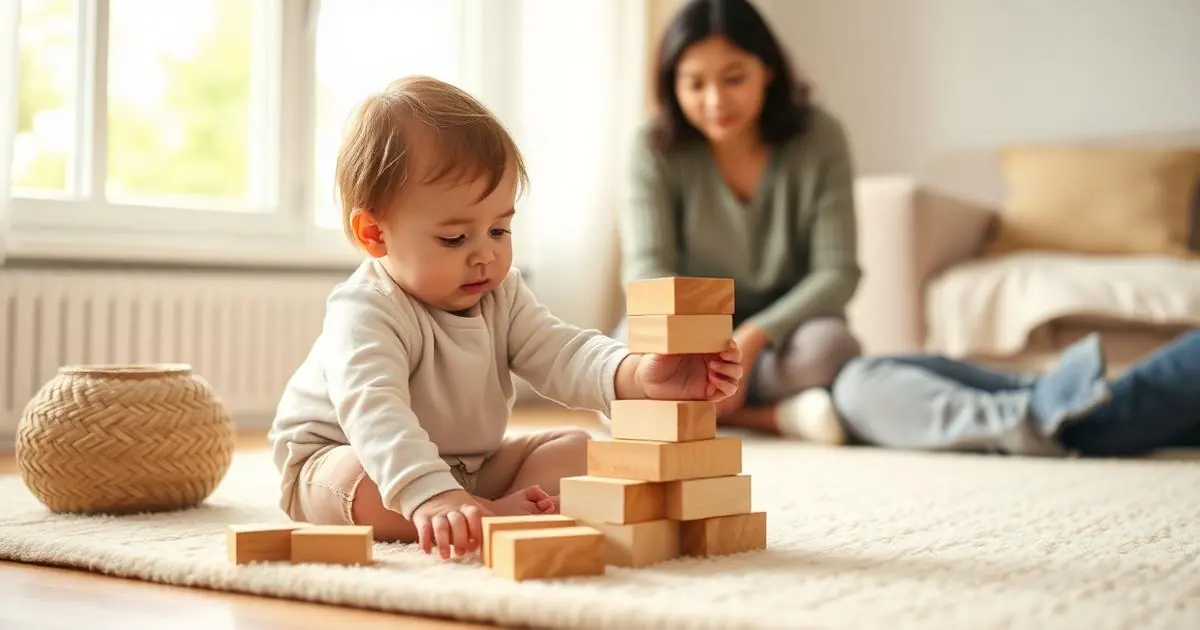 Bebê empilhando blocos de madeira no tapete enquanto a mãe observa