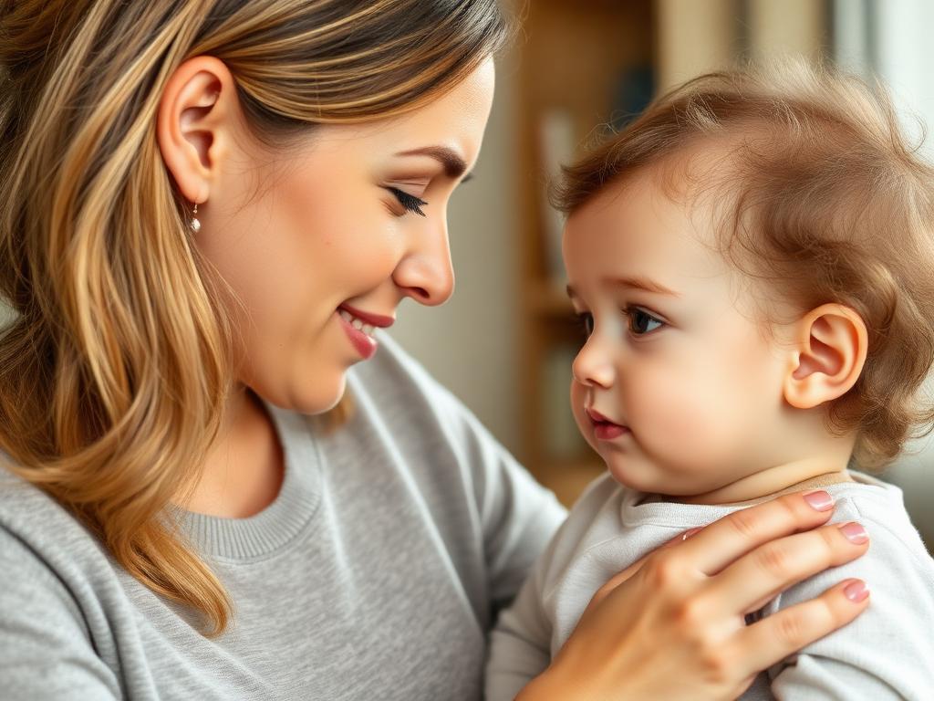 Mãe conversando carinhosamente com filho pequeno sobre emoções