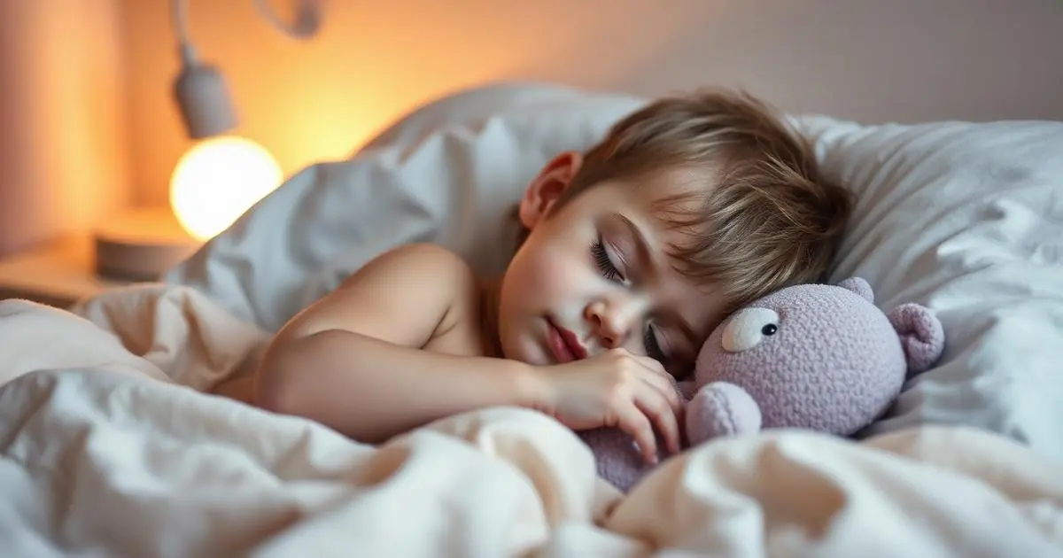 Criança pequena dormindo tranquilamente na cama com um bichinho de pelúcia